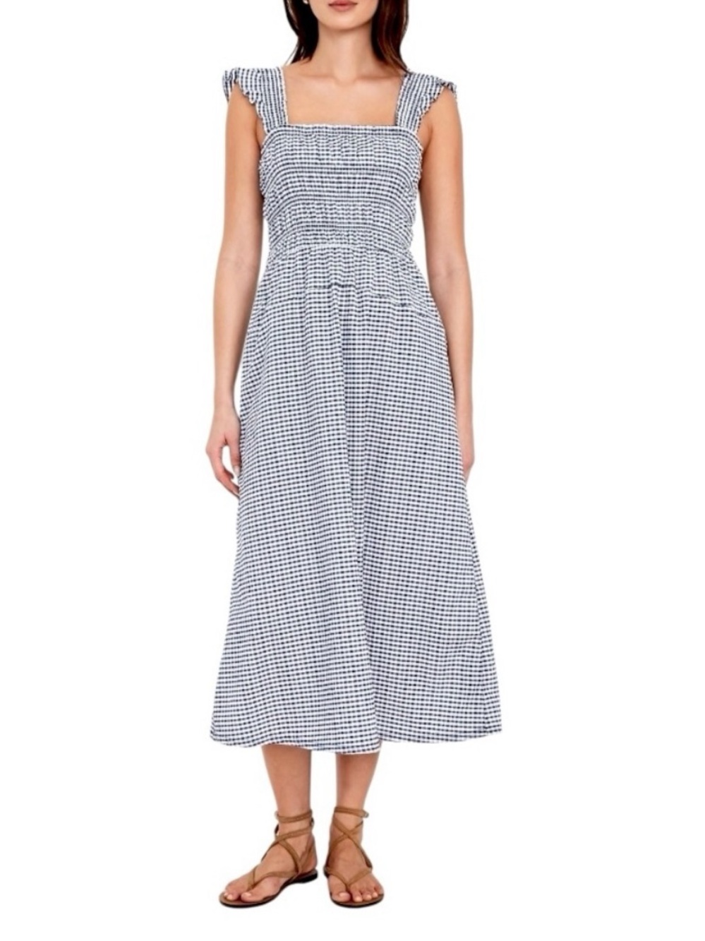 NWT Old Navy Navy and White Gingham Smocked Midi Dress